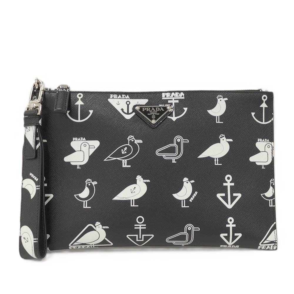 PRADA Saffiano Clutch Bag Seagull Black White Leather